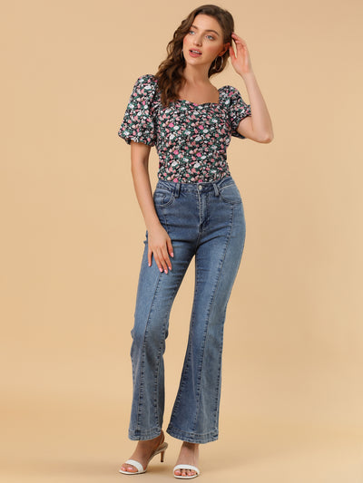 Puff Sleeve Square Neck Peasant Floral Blouse Top
