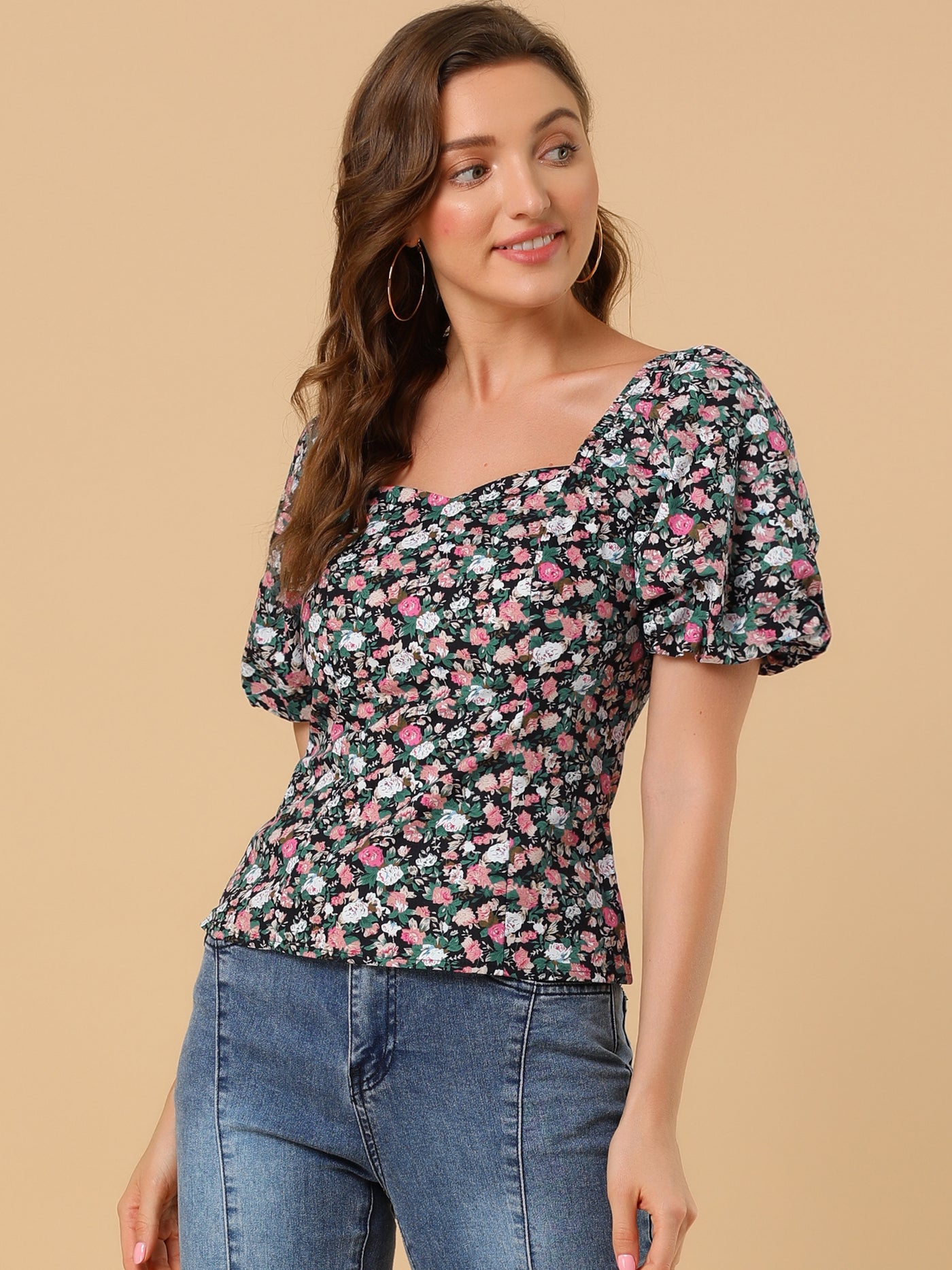 Allegra K Puff Sleeve Square Neck Peasant Floral Blouse Top
