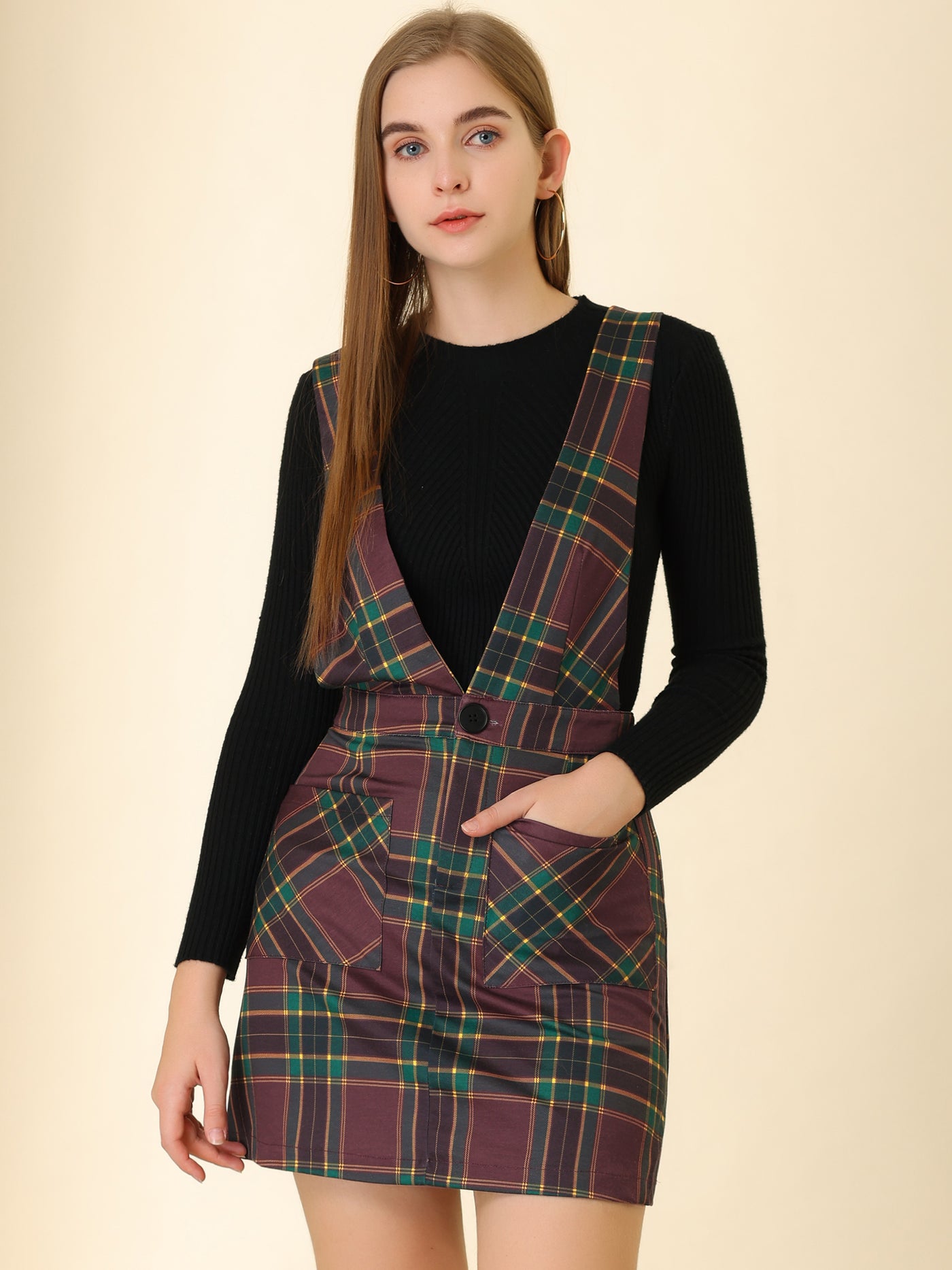 Allegra K Plaid Overall Dress V Neck Mini Pinafore Suspender Skirt