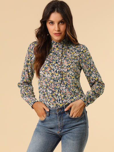 Floral Flower Printed Shirt Ruffled Button Up Mock Neck Top Blouse