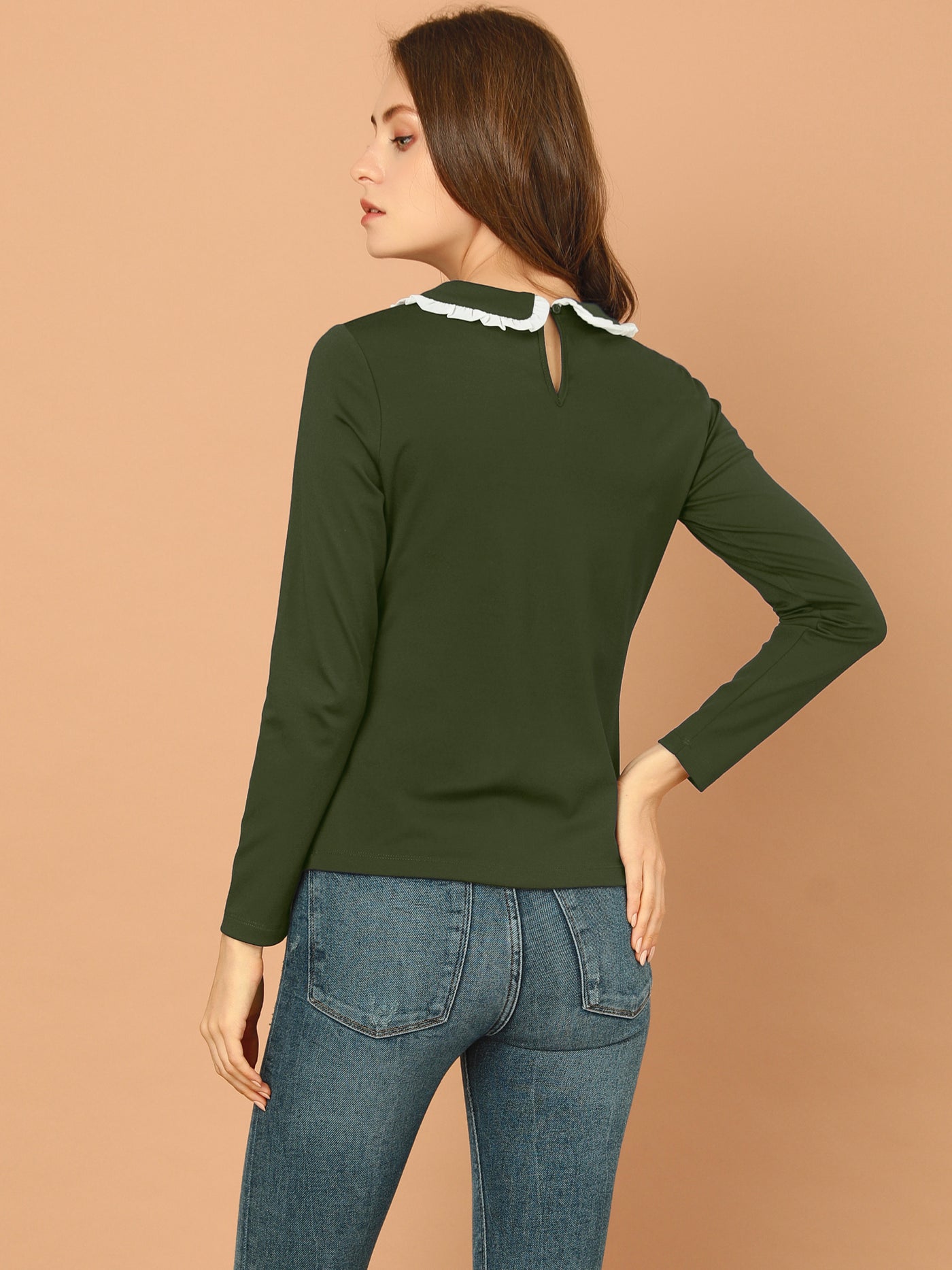 Allegra K Peter Pan Collar Blouse Basic Knit T-Shirt Long Sleeve Shirt
