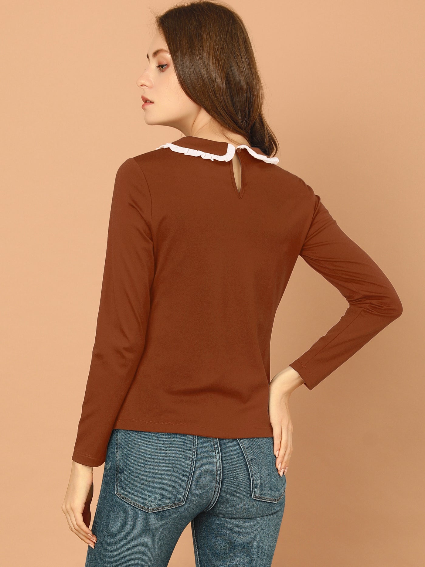 Allegra K Peter Pan Collar Blouse Basic Knit T-Shirt Long Sleeve Shirt
