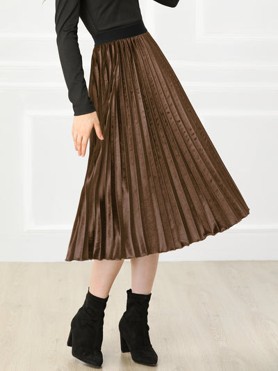 Party High Elastic Waist Velvet Pleated Midi Skirt