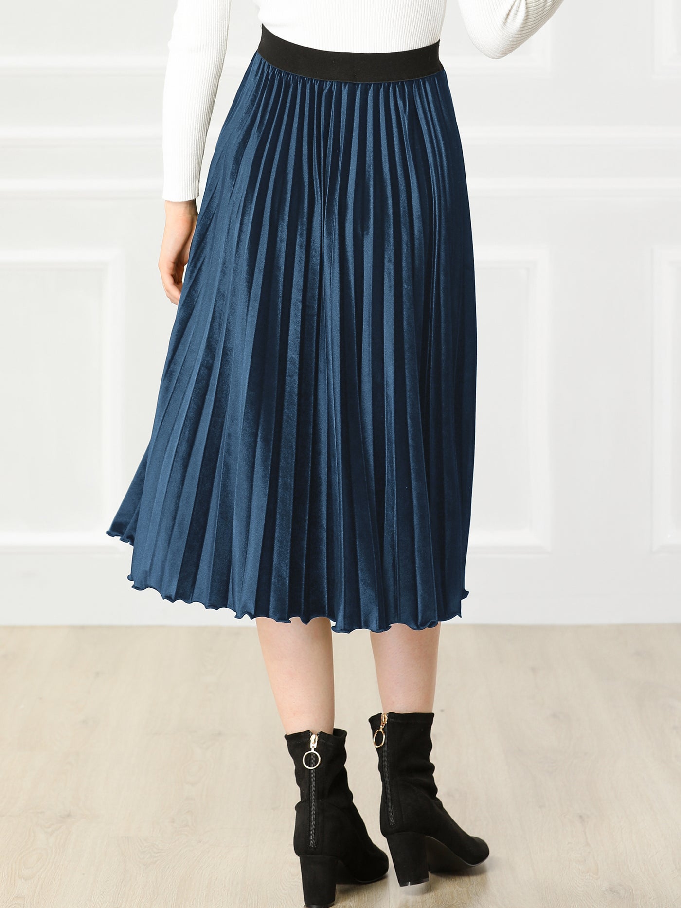 Allegra K Party High Elastic Waist Velvet Pleated Midi Skirt
