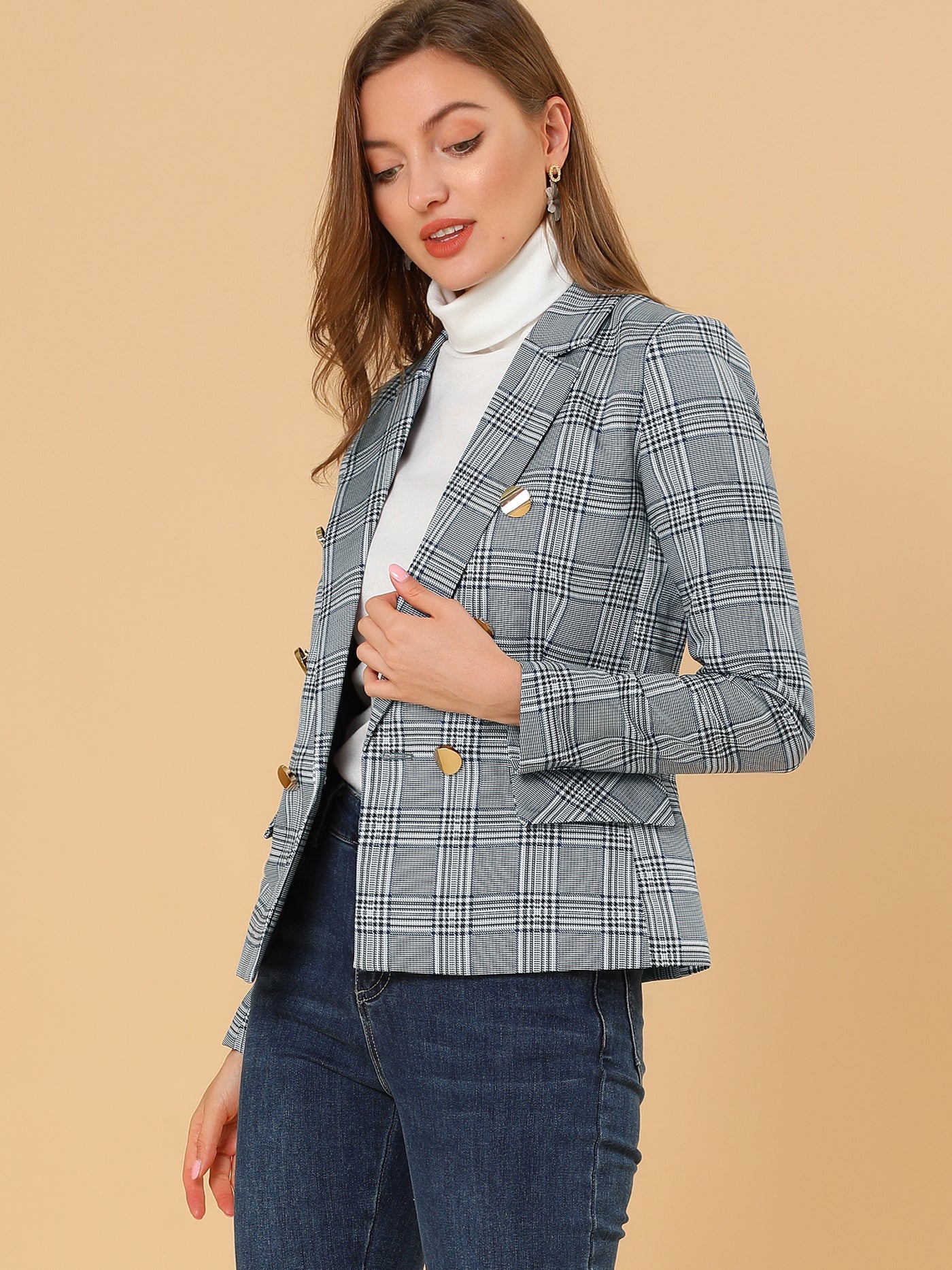 Allegra K Notched Lapel Double Breasted Plaid Blazer Jacket