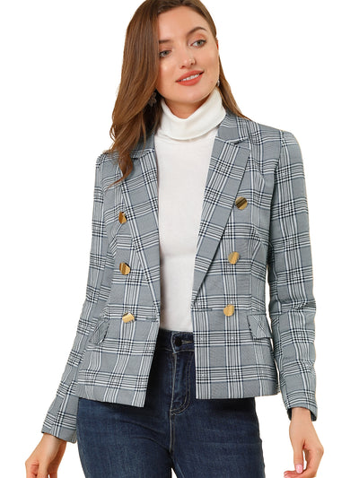 Notched Lapel Double Breasted Plaid Blazer Jacket