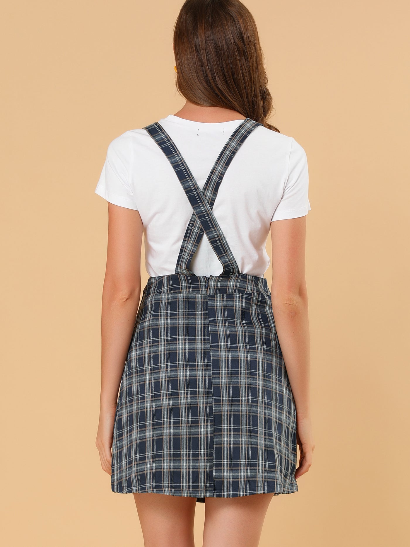Allegra K Adjustable Strap Above Knee Plaid Printed Overall Suspender Skirt