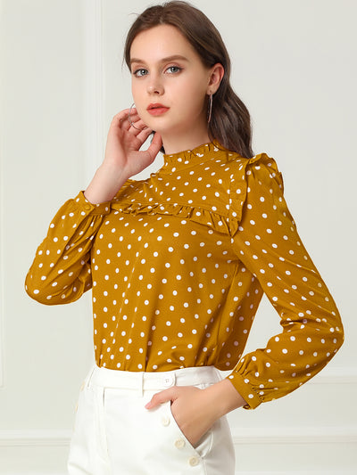 Vintage Ruffle Stand Collar Long Sleeve Polka Dots Blouse
