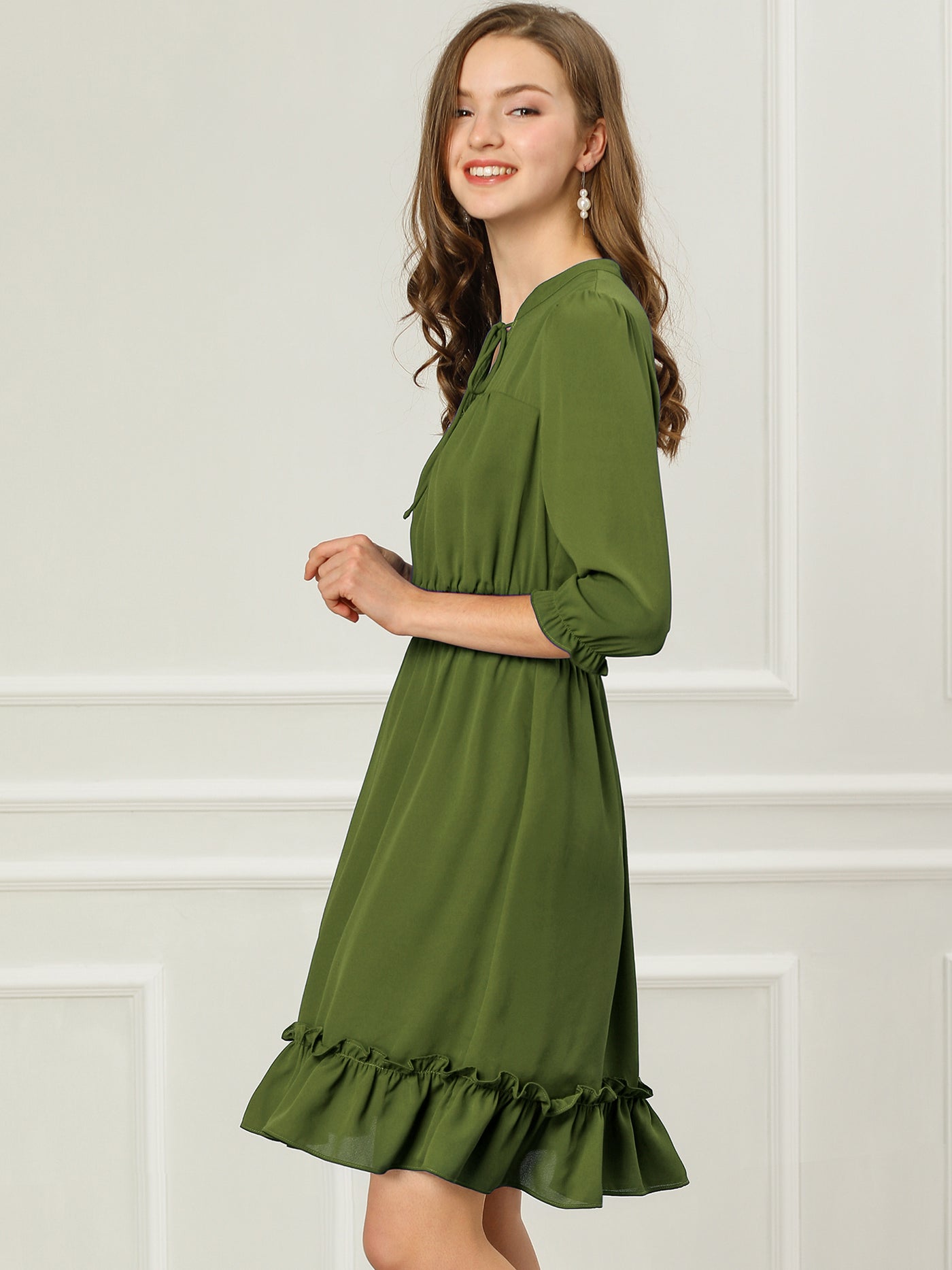 Allegra K Ruffle Hem 3/4 Sleeve A-Line Smocked Short Chiffon Dress