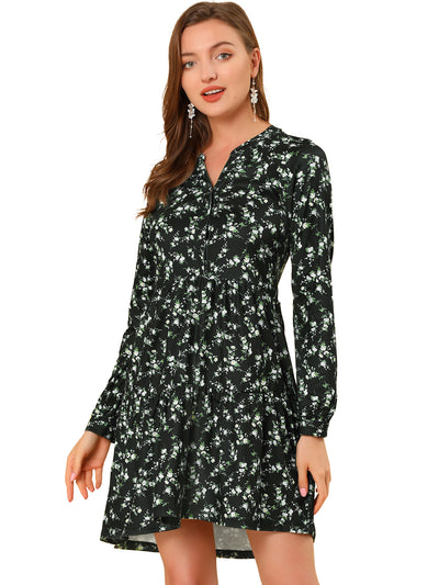 V Neck Long Sleeve Floral Tiered Fall Babydoll Dress