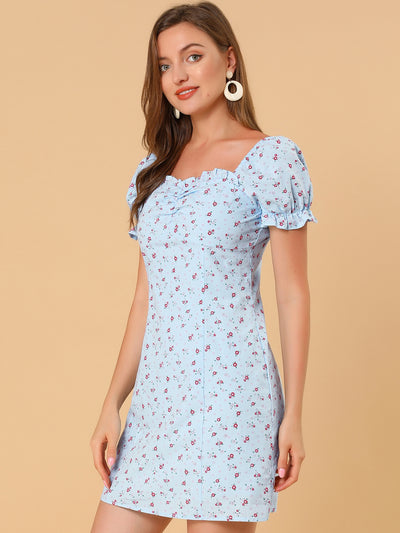 Floral Puff Sleeve Sweetheart Neckline Ruched Front Ruffled Dress