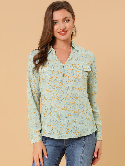 Elegant V-Neck Shirt Floral Faux Pocket Long Sleeve Blouse