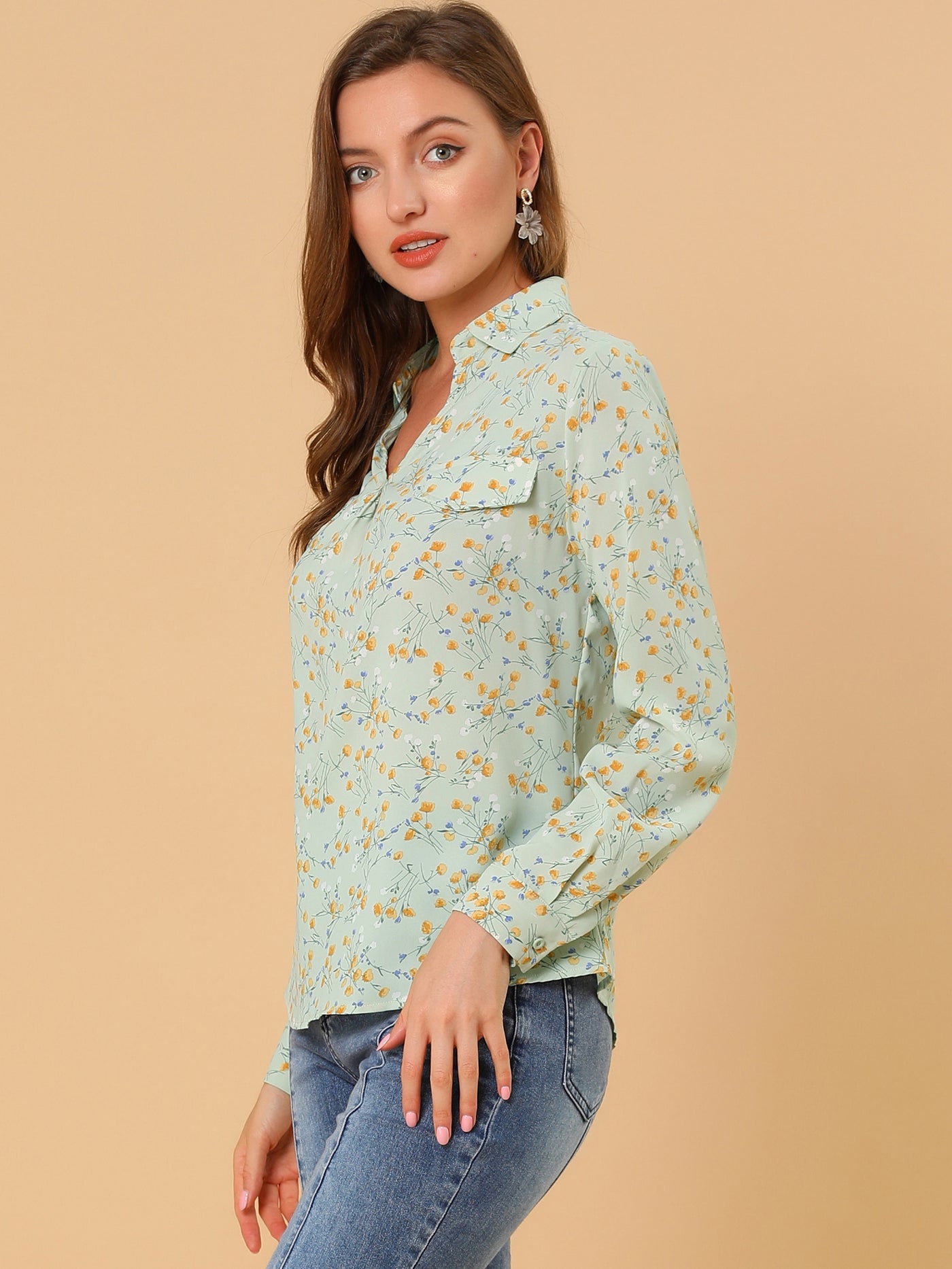 Allegra K Elegant V-Neck Shirt Floral Faux Pocket Long Sleeve Blouse