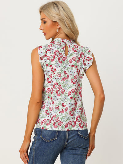 Ruffle Sleeveless Blouse Casual Stand Collar Summer Floral Tank Tops