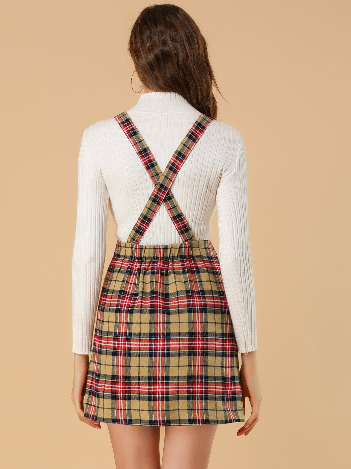 Allegra K Overall Bib Plaid Adjustable Strap Pinafore Mini Suspender Skirt
