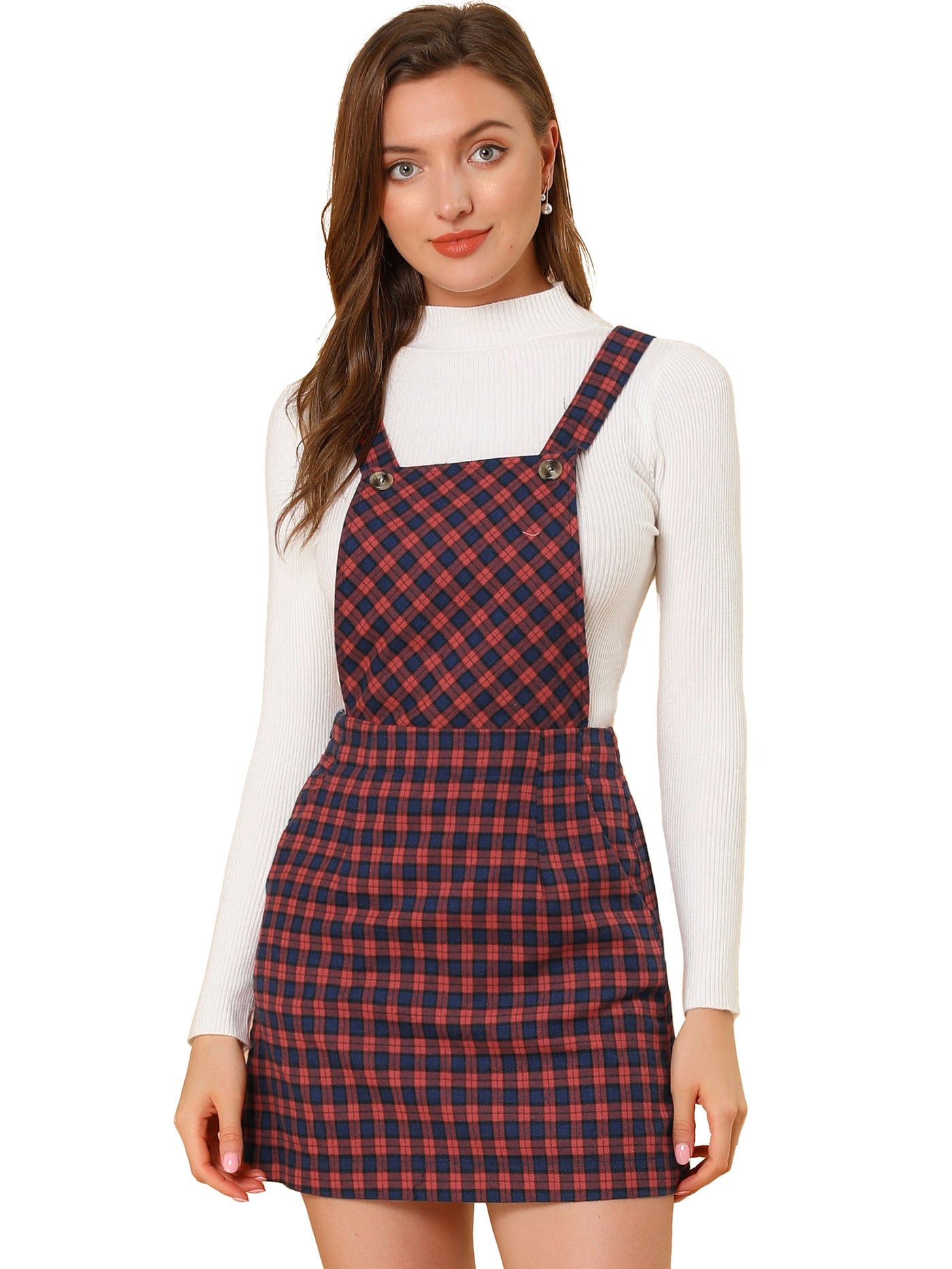 Allegra K Overall Bib Plaid Adjustable Strap Pinafore Mini Suspender Skirt