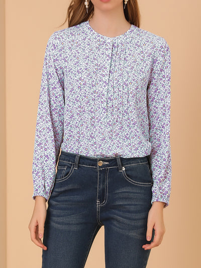Casual Pleated Front Half Placket Long Sleeve Floral Peasant Blouse