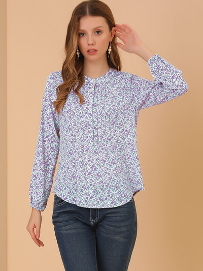 Casual Pleated Front Half Placket Long Sleeve Floral Peasant Blouse