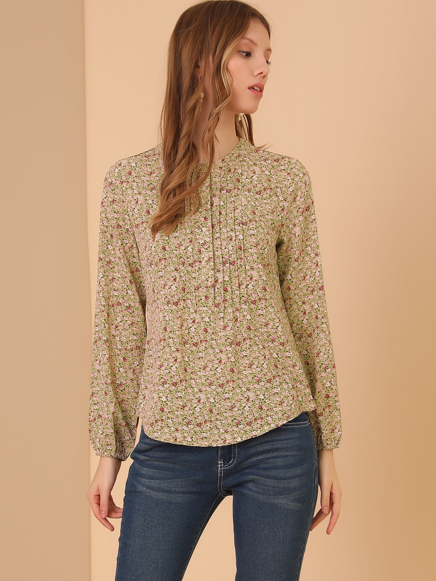 Allegra K Casual Pleated Front Half Placket Long Sleeve Floral Peasant Blouse