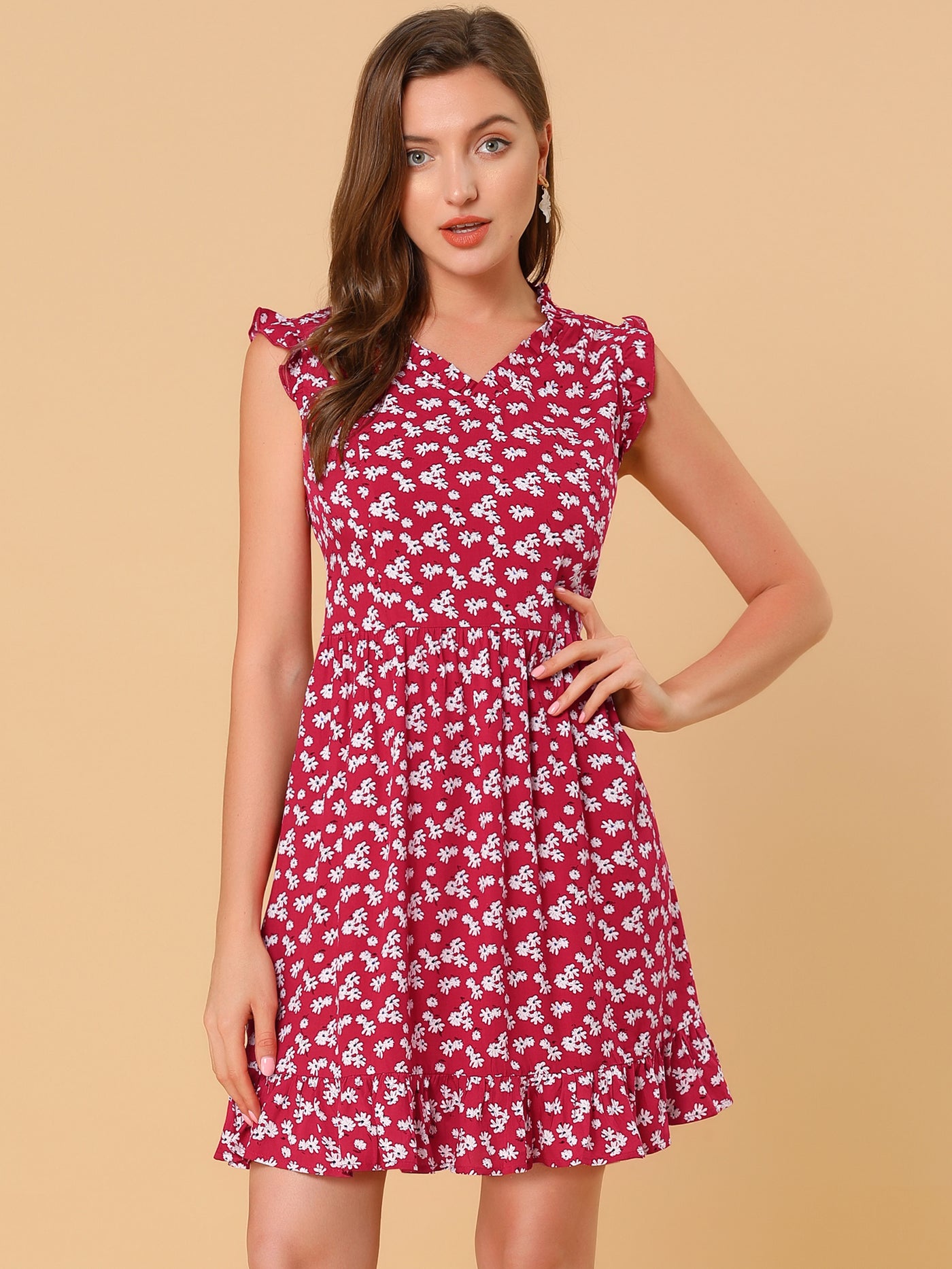Allegra K Floral Print V Neck A-Line Summer Sleeveless Ruffle Mini Dress