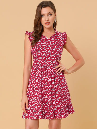 Floral Print V Neck A-Line Summer Sleeveless Ruffle Mini Dress