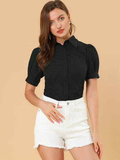 Puff Sleeve Collared Cotton Work Office Button Down Shirt