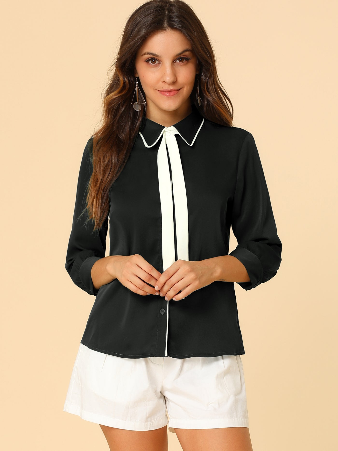 Allegra K Elegant Contrast Collar 3/4 Sleeve Button Up Tie Neck Shirt