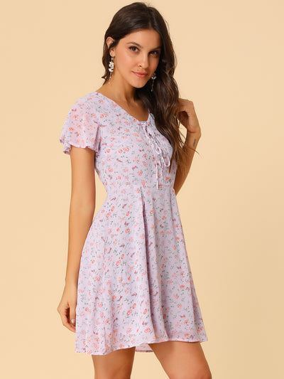 Floral Printed Flare Short Sleeve Lace-up V Neck Chiffon Dress