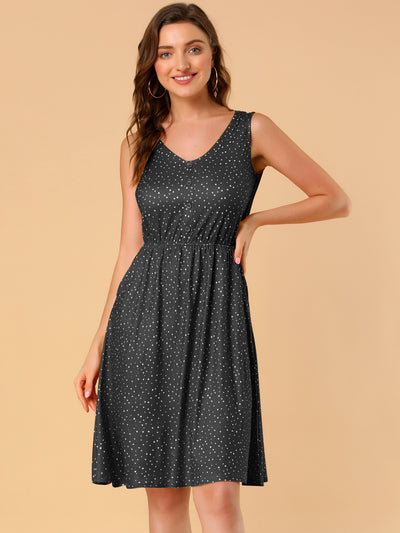 Polka Dots Sleeveless Dress Elastic Waist Midi Sundress with Pockets