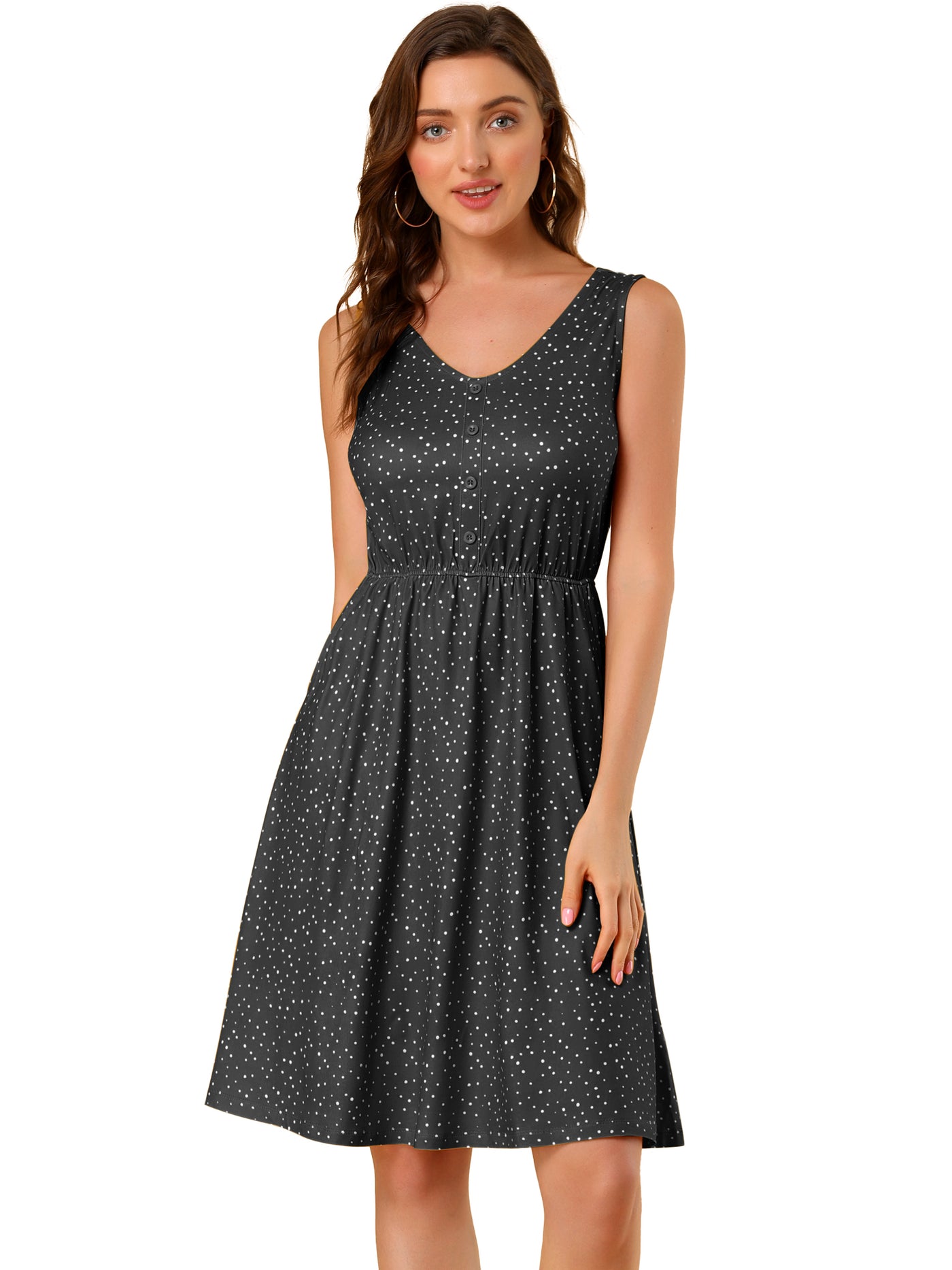Allegra K Polka Dots Sleeveless Dress Elastic Waist Midi Sundress with Pockets