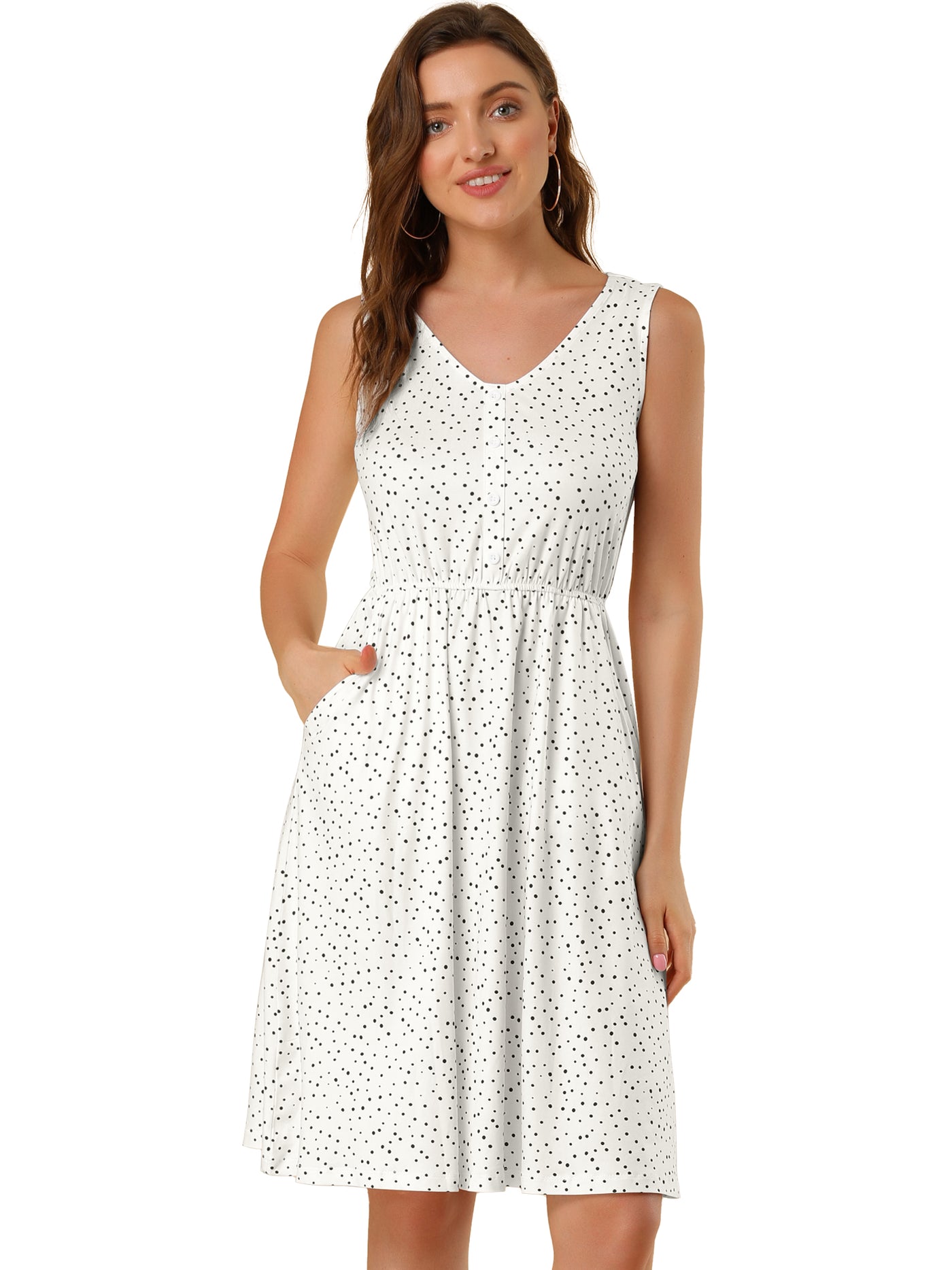 Allegra K Polka Dots Sleeveless Dress Elastic Waist Midi Sundress with Pockets
