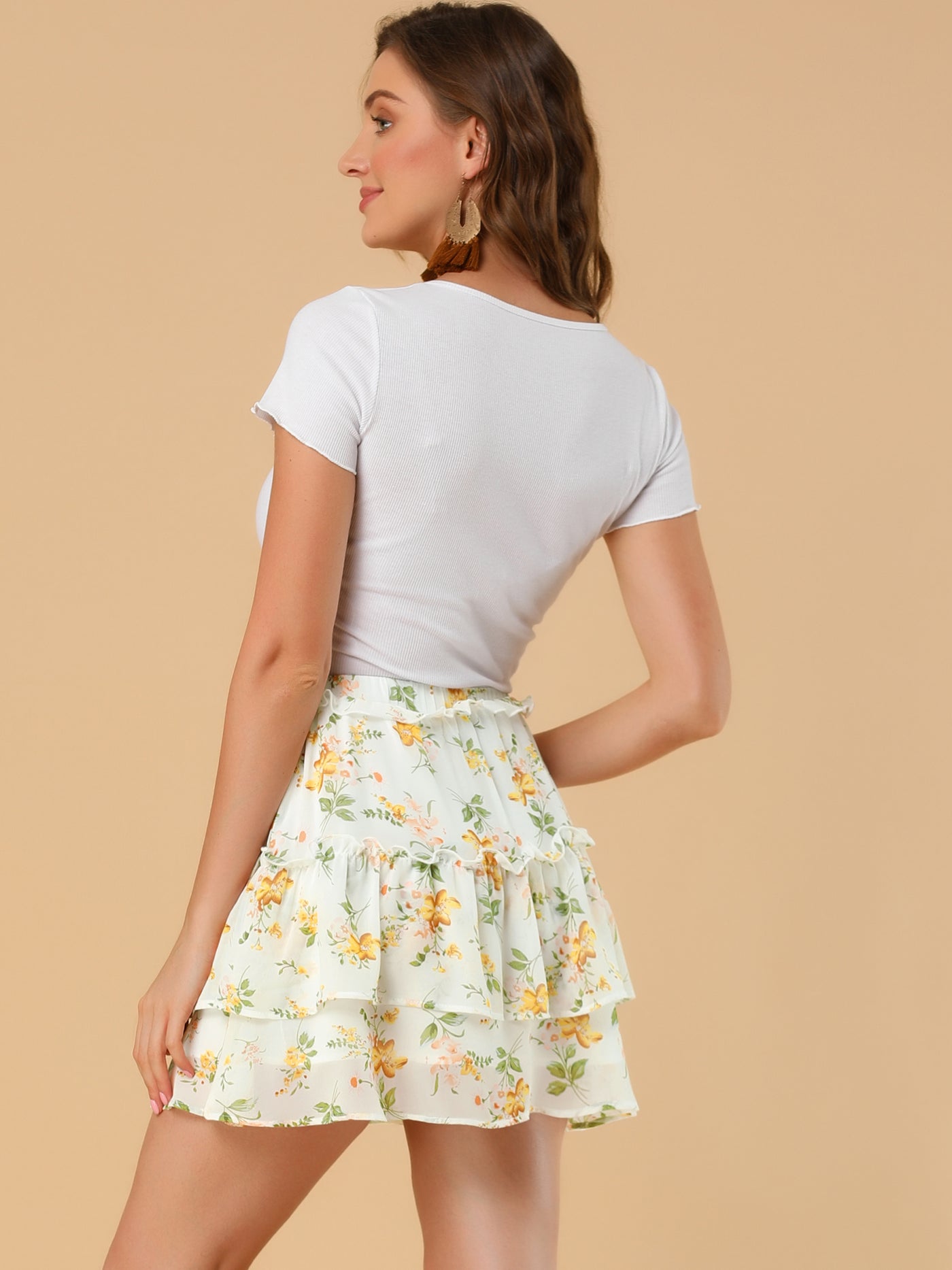 Allegra K Layered Ruffle Hem Elastic Waist A-Line Skater Floral Mini Skirt