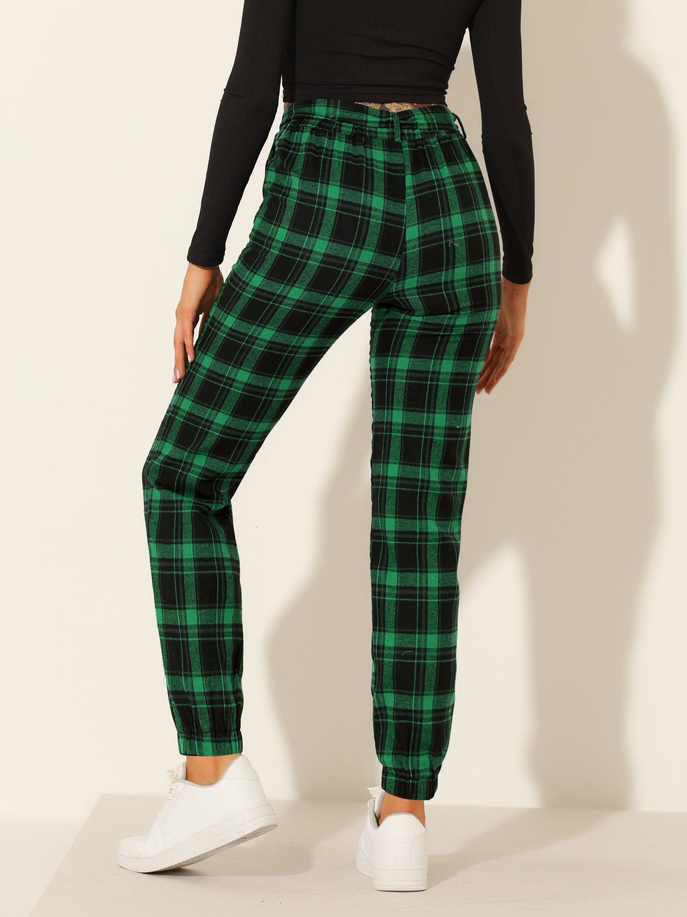 Allegra K Plaid Sweatpants Tapered Tie High Waisted Tartan Pants with Pockets