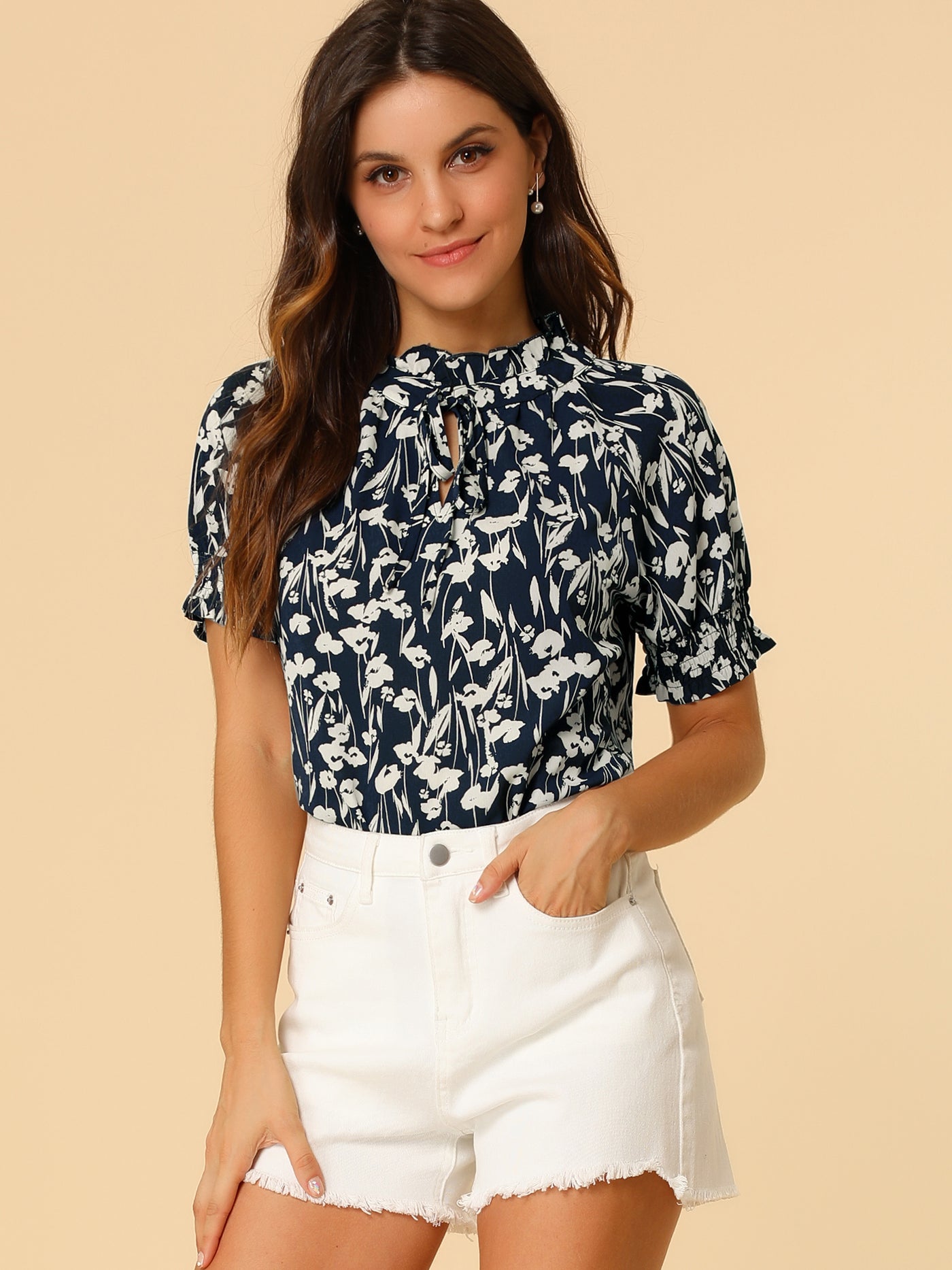 Allegra K Ruffle Tie V Neck Casual Smocked Short Sleeve Floral Top Blouse