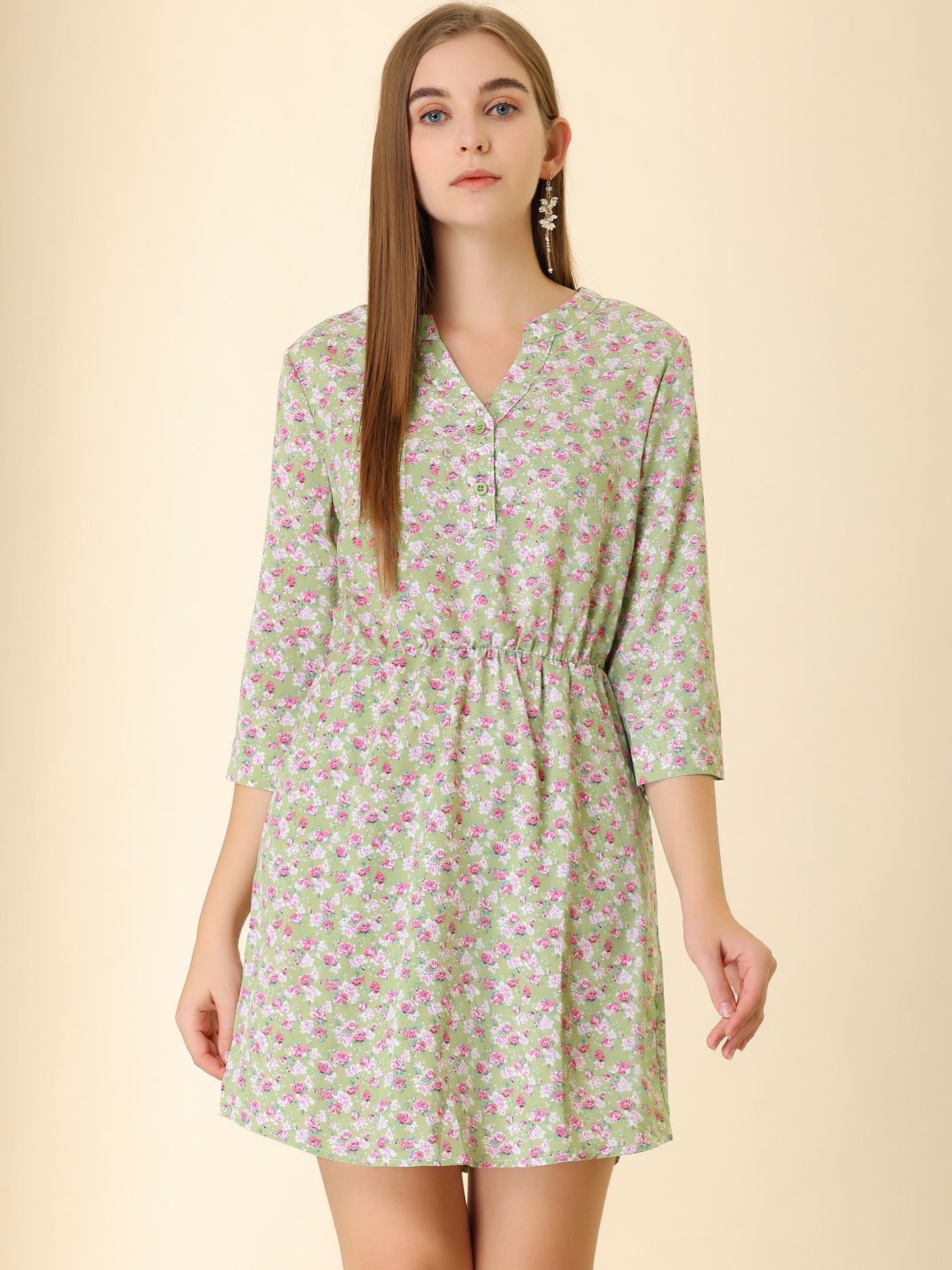 Allegra K Button-Up V Neck 3/4 Sleeve Floral T-Shirt Dress with Pockets