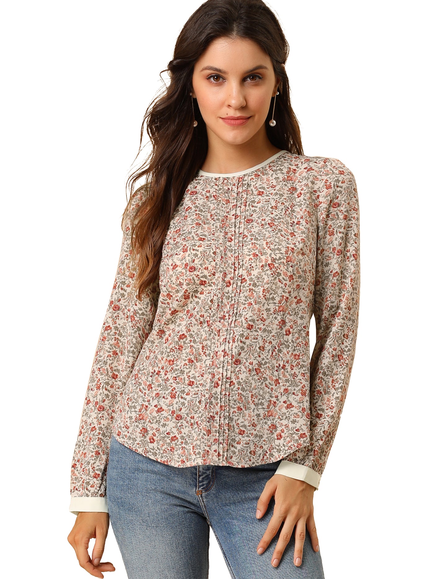 Allegra K Button Down Back Long Sleeve Pleated Floral Printed Blouse
