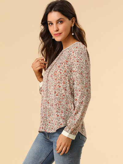 Button Down Back Long Sleeve Pleated Floral Printed Blouse