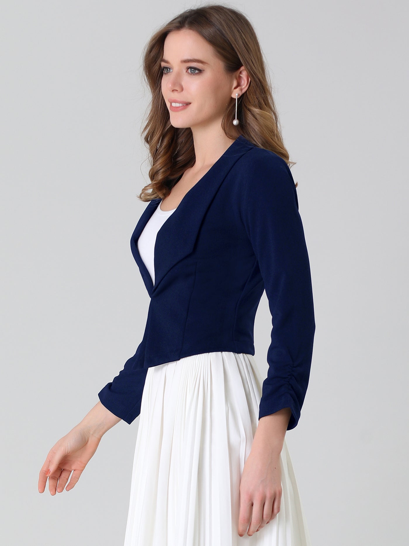 Allegra K Notched Lapel Ruched Sleeve Jacket Business Cropped Blazer