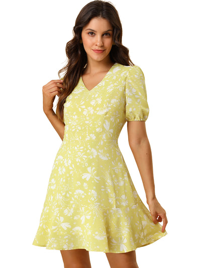 Floral Ruffle Hem V Neck A-Line Short Sleeve Chiffon Mini Dress