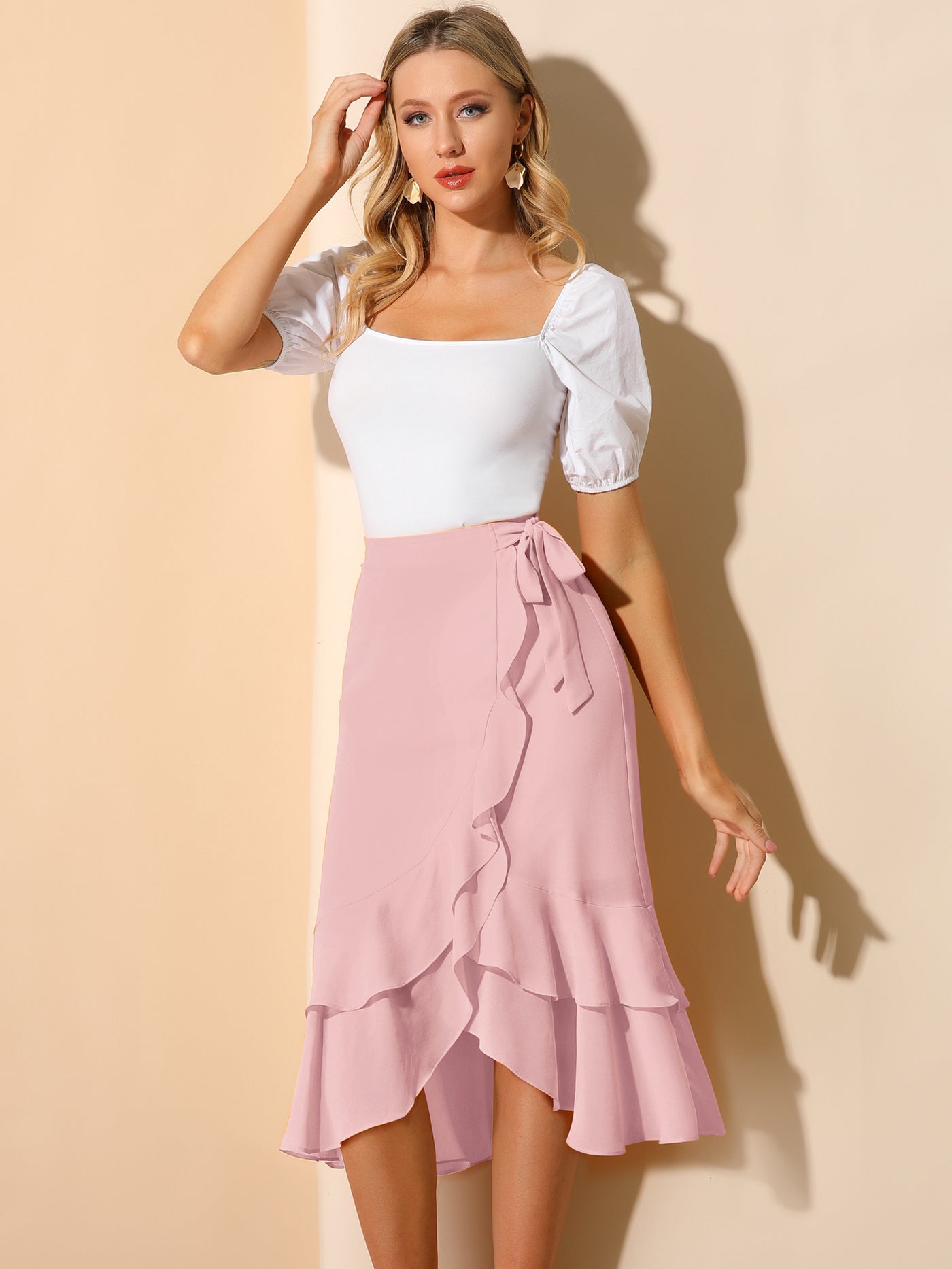 Allegra K Ruffle Chiffon Tie Waist Asymmetrical Summer Midi Skirt