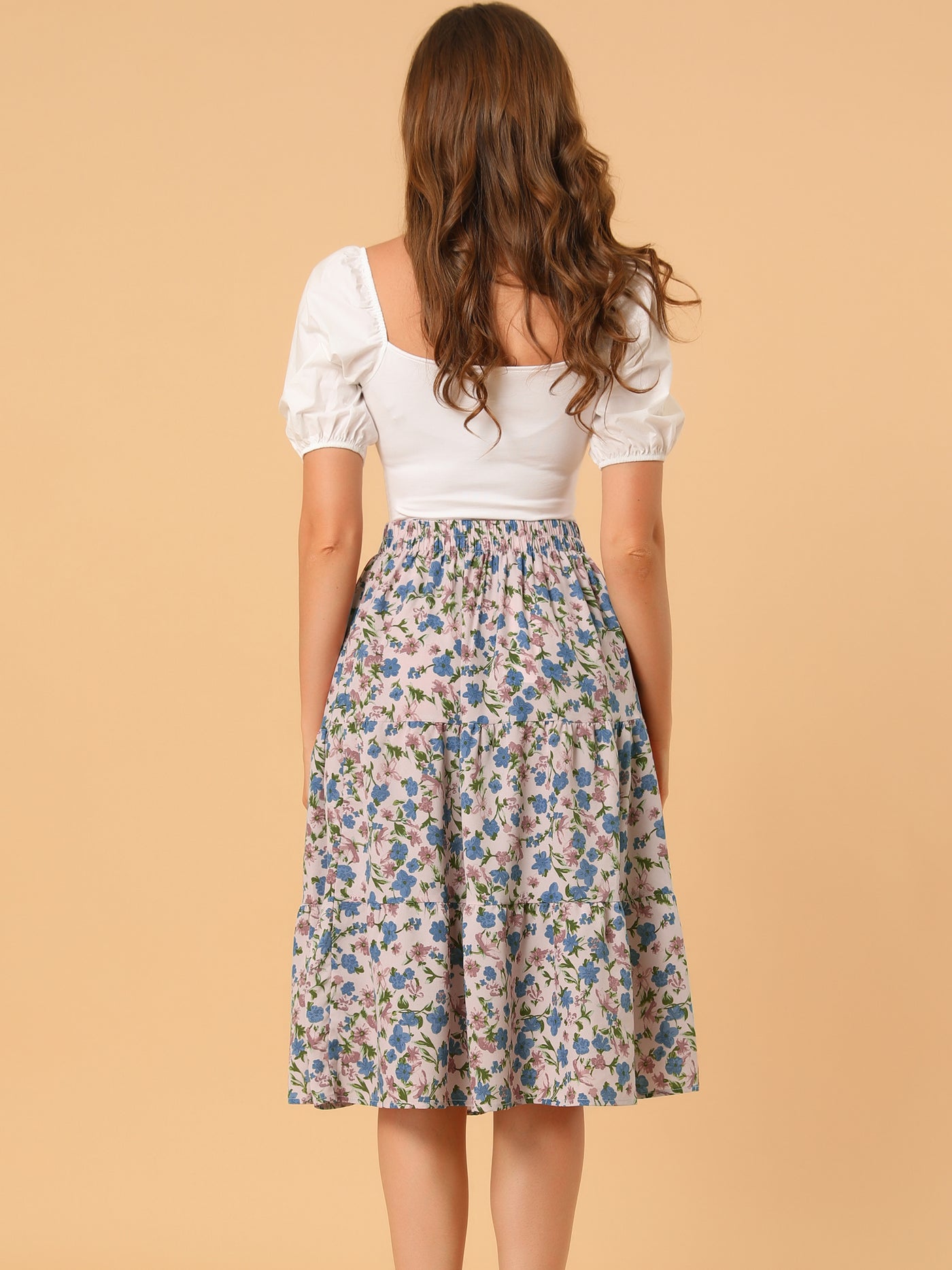 Allegra K Floral Printed Elastic Waist A-Line Ruffle Hem Tiered Skirt