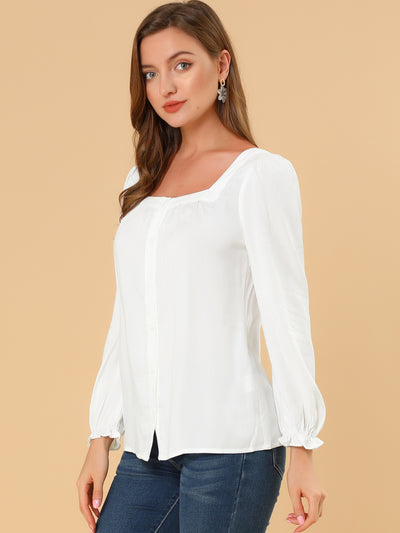 Button Down Puff Sleeve Elastic Cuff Square Neck Blouse