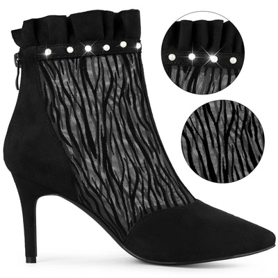 Pointed Toe Mesh Stiletto Heel Back Zipper Ruffle Ankle Boots