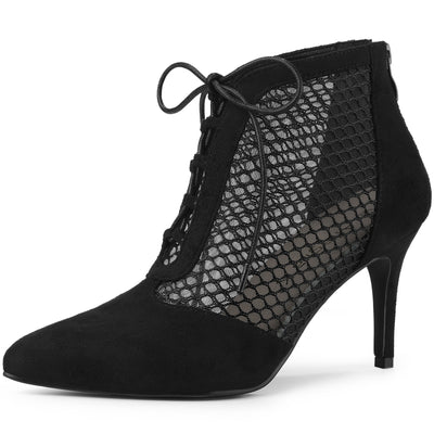 Allegra K Mesh Lace Up Stiletto Heel Ankle Boots