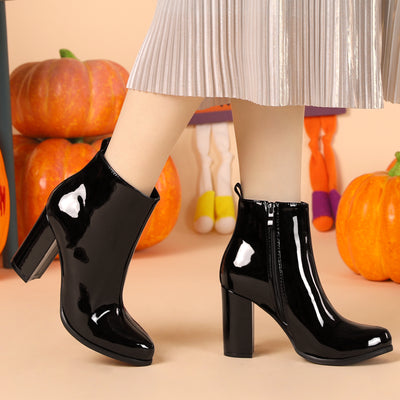 Round Toe Zipper Chunky Heel Ankle Boots