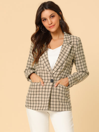 Plaid Notched Lapel One Button Houndstooth Blazer Jacket