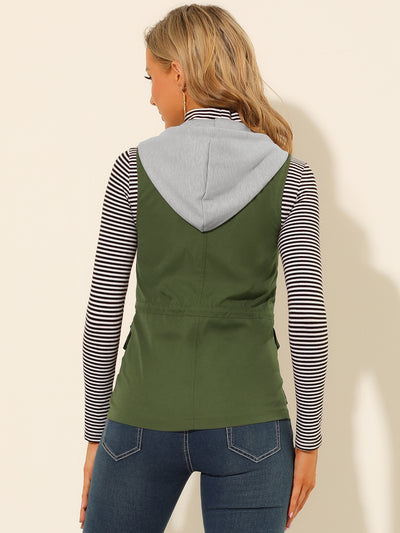 Drawstring Sleeveless Lightweight Utility Hooded Zip Up Jacket Vest