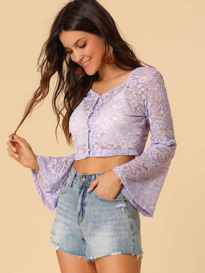 Lace Crop Top V Neck Button Front Bell Sleeve Bolero Cardigan