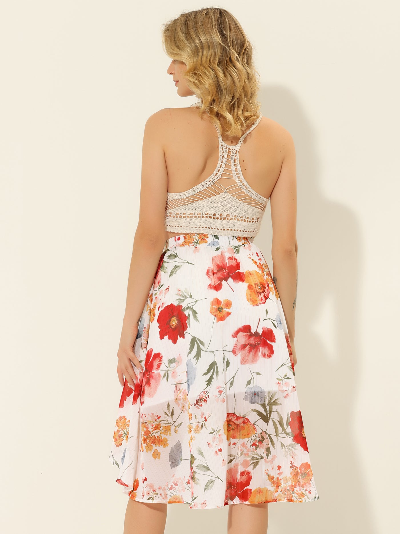 Allegra K High Low Hem Elastic Waist Lurex Chiffon A-Line Midi Floral Skirt
