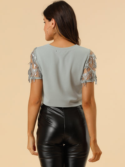 Sequin Shiny Crop Top Short Sleeve Party Tassel T-Shirt